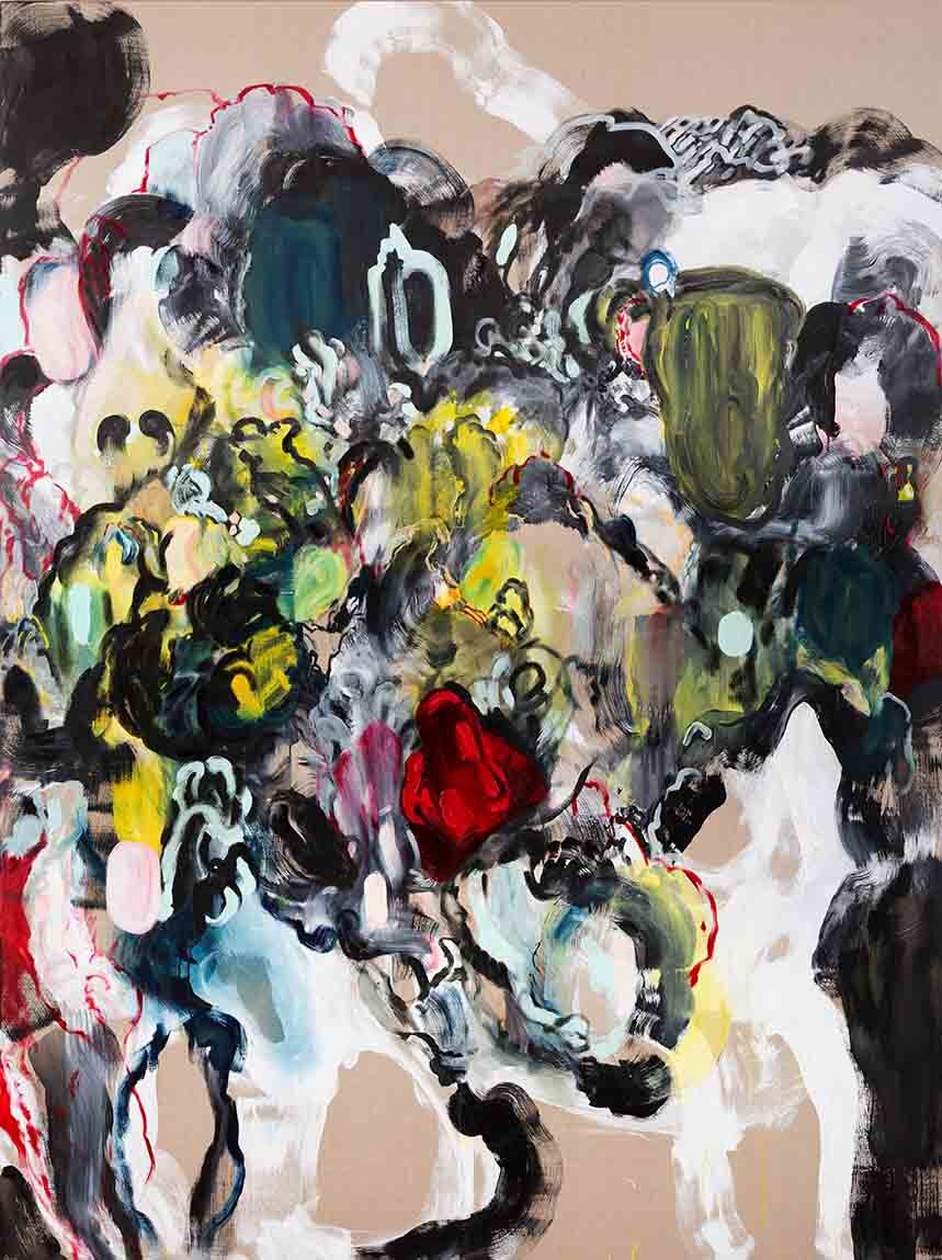 Hatem Imam, <i>Sega</i>, 2025. Oil, acrylic, and oil pastel on linen, 94 1/2 x 70 7/8 in (240 x 180 cm)